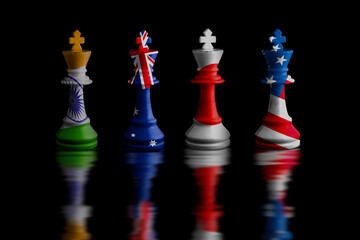 Quad plus countries Image of a chess king with indian,australian,Japanese and american flag...