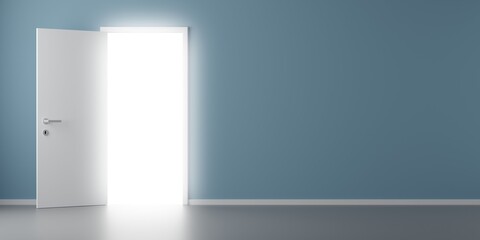 Open door with glowing light from bhind in room with wooden floor and blue wall, paradise, exit or vision concept