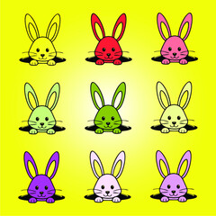 Rabbits of various types of color vectorized with yellow background