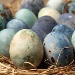 Easter background with Easter eggs. Beautiful blue painted Easter eggs