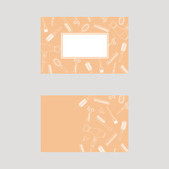 Template for a hairdressers business card. Background with hair salon accessories and tools. Vector with editable stroke.