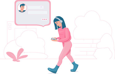 Chatting Illustration for landing page. Woman at phone chatting with friends online. Vector illustration technology concept. pink clothes 