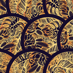 Vector illustration, Tropical summer. cacti, tropical leaves, Handmade, seamless pattern, dark background