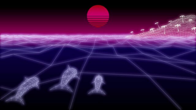 synthwave dolphins island Background 3d render