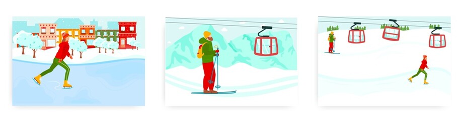 Ski resort landing page design, website banner vector template set. People enjoying skiing, ice skating. Sport, leisure.