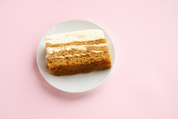 Honey cake piece on a plate on a pink isolated background, place for the text