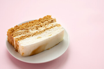Honey cake piece on a plate on a pink isolated background, place for the text