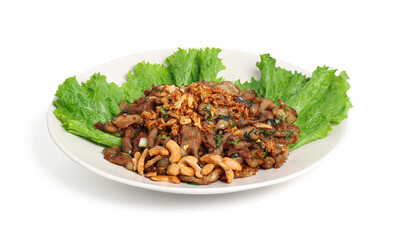 Fried sliced pork with garlic and pepper, Thai Recipe in white plate isolated on white background.