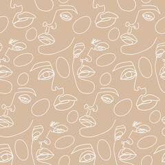 Abstract one line seamless pattern. Continuous Outline background with female faces. Modern Woman aesthetic contour. Fashion print. Surreal texture.