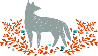 Ethnic wolf illustration in cartoon style. Isolated vector drawing. Hand drawn tribal image for poster, print, sublimation, cart.