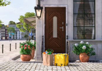Fototapeta na wymiar Online grocery store order, safe contactless delivery to home door. Supermarket paper bag, food delivery bag 3D render. Buying online, e-commerce delivery service during coronavirus pandemic, lockdown