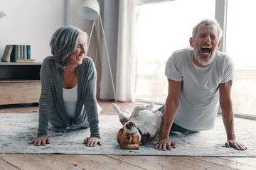 Modern senior couple in sports clothing doing yoga and smiling while spending time at home with...