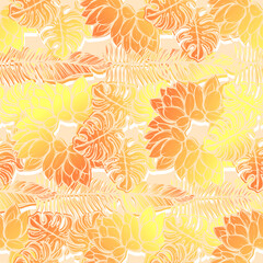 Vector illustration, Tropical summer. cacti, tropical leaves, seamless pattern, light background, Handmade
