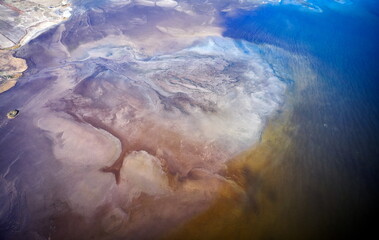 Dry lake or swamp in the process of drought and lack of rain or moisture, a global natural disaster - aerial drone view
