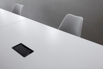 Close up of high quality office desks and chairs, special composition background