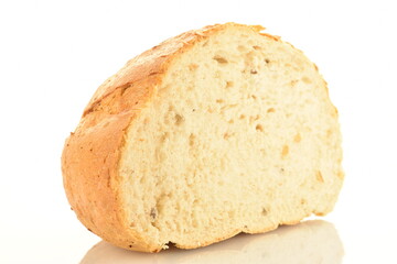 One half of white bread, close-up, isolated on white.