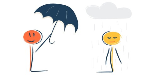 character wet in the rain offers an umbrella