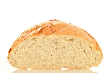 One half of white bread, close-up, isolated on white.