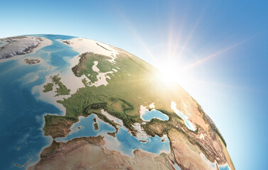 Sun shining over a high detailed view of Planet Earth, focused on Western Europe. 3D illustration - Elements of this image furnished by NASA © mozZz