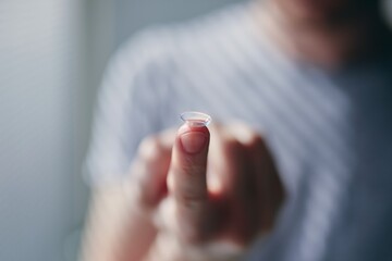 Close-up of contact lens on finger of young man at morning light. Themes eyesight, vision defects, and daily routine.