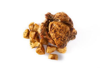 Homemade roasted chicken with potatoes isolated on white background