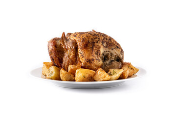 Homemade roasted chicken with potatoes isolated on white background