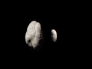 two large asteroids with craters in space, asteroid with satellite