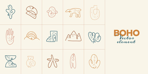 Boho Minimalist abstract nature art shapes collection. Pastel color doodle for fashion design, summer season or natural concept. Modern hand drawn plant leaf and tropical shape decoration set.