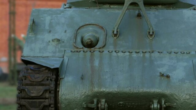 cannon heavy American tank Sherman front view, fought in World War II, panorama 