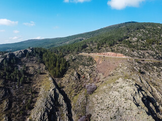 Aerial landscape photography. Sierra del Rincon, Madrid. Picturesque morning view from flying drone. Traveling concept background.