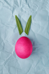 Easter egg with rabbit bunny ears  made of leaves daffodil. Flat lay. Minimal concept