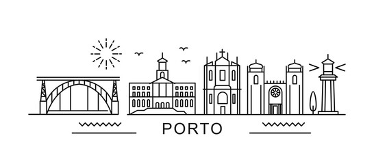 city of Porto in outline style on white. Landmarks sign with inscription.