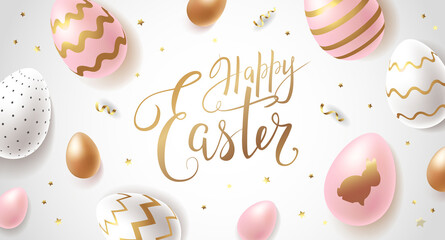 Happy Easter beautiful banner design concept with golden, white and pink realistic ornate eggs, handwritten lettering and gold confetti on light background. - Vector illustration