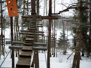 rope town. a wooden staircase between the trees. steps up