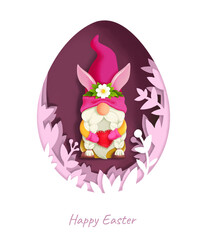 Happy Easter greeting card, paper cut web template, easter egg, funny gnome love and bunny ears. Postcard made of felt. Hand-drawn illustration. Layered 3D spring season holiday background.