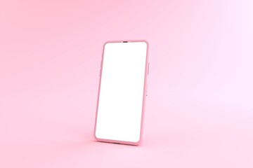 3D rendering of mockups pink Smartphone white screen on pink floor, Blue Mobile phone lay down on the ground. Smartphone white screen can be used for commercial advertising,Isolated on pink background