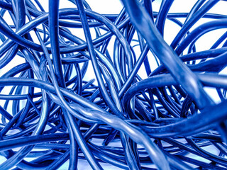 Abstract interlacing of blue network wires on white background creating whimsical patterns.