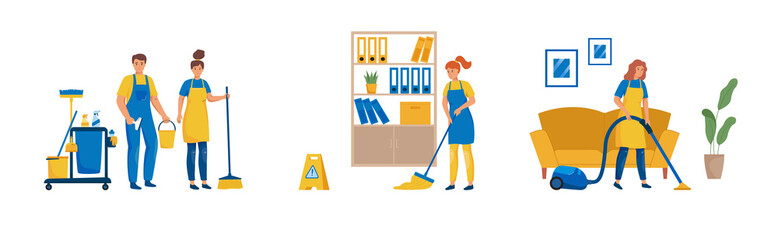Set of cleaning staff characters with cleaning equipment