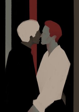 Two men kiss and hug each other. Portrait of a gay couple in love. LGBTQ Concept