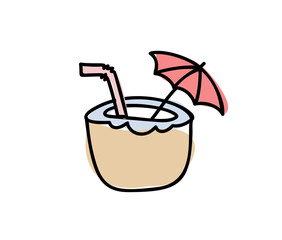 Hand drawn vector coconut cocktail drink with a decorative umbrella and a drinking straw. Isolated on a white background. Cute scandinavian illustration