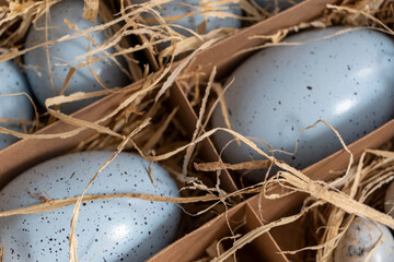 Fototapeta na wymiar Easter background with Easter eggs in box with the hay, Easter card with copy space for text.