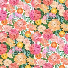 Colorful blooming peonies and garden flowers, bright festive summer pattern. Patchwork background