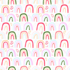 Seamless baby pattern with hand rainbows and abstract shapes.  Creative Scandinavian children's texture for fabric, wrap, textiles, wallpaper, clothing. Vector illustration