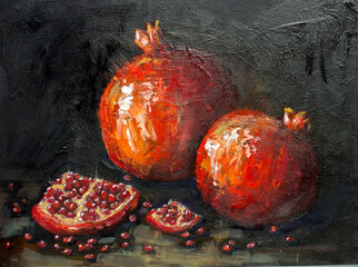 oil painting red pomegranates. Ripe pomegranates on a black background. still life, contemporary art. © kolyadzinskaya