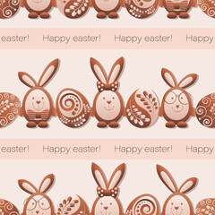Cute Easter bunnies, eggs. Happy easter! Easter chocolate background with rabbit and easter eggs on light background. Design for textile, packaging materials. Seamless pattern. Vector illustration.