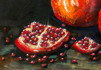 oil painting red pomegranates. Ripe pomegranates on a black background. still life, contemporary art. - 420522871