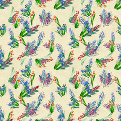 Seamless pattern with flowers. Watercolor or acrylic painting. Hand drawn floral background.