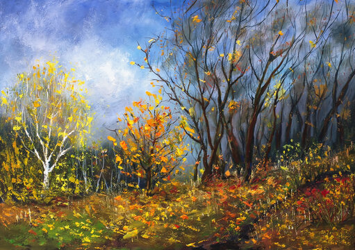 Oil painting on canvas, forest landscape, trees, autumn, impressionism.