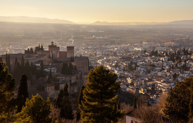 Granada view of Alhambra palace at sunset Travel Destinations Spain