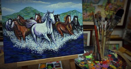 Fototapeta na wymiar Art painting Fine art Oil color running horse Lucky from Thailand